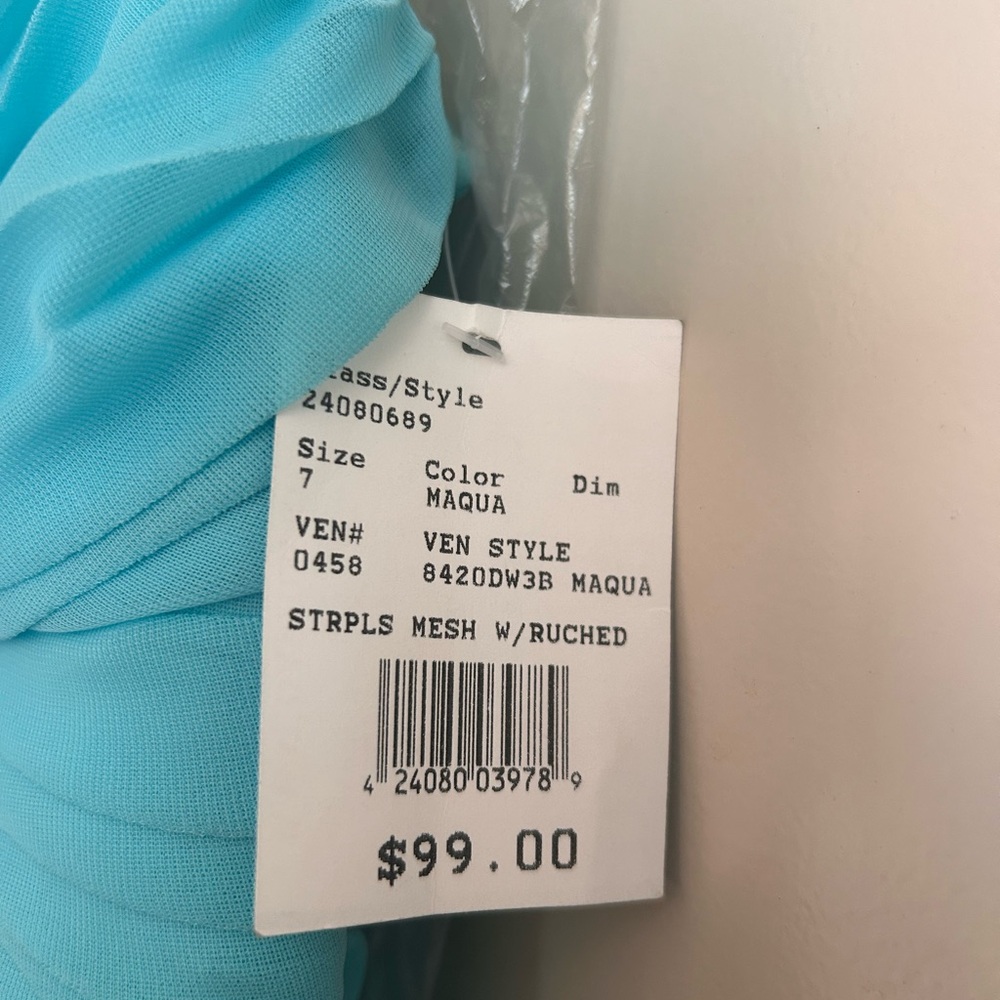 David's Bridal Strapless Mesh Dress in Aqua
